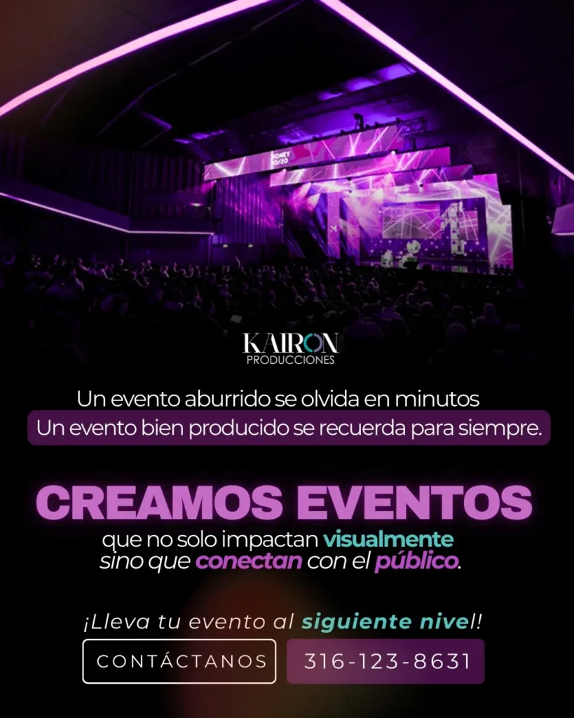 Montaje de escenario para eventos empresariales y sociales con luces LED y producción audiovisual profesional de Kairon Producciones